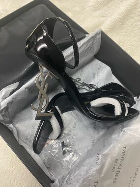 Saint Laurent Black Patent Heels with Silver YSL Sculptural Heel